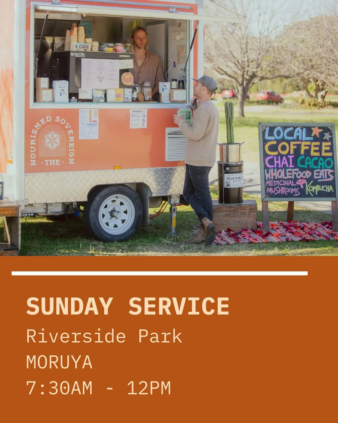 SUNDAY SERVICE
Back in the park this Sunday in Moruya for Sunday Service. It’s such a pleasure to serve this community and celebrate local food.
See you out there folks!
COFFEE
@guerrillaroasters 
w/ @tilbadairy 
CHAI
@fernandseachai 
CACA