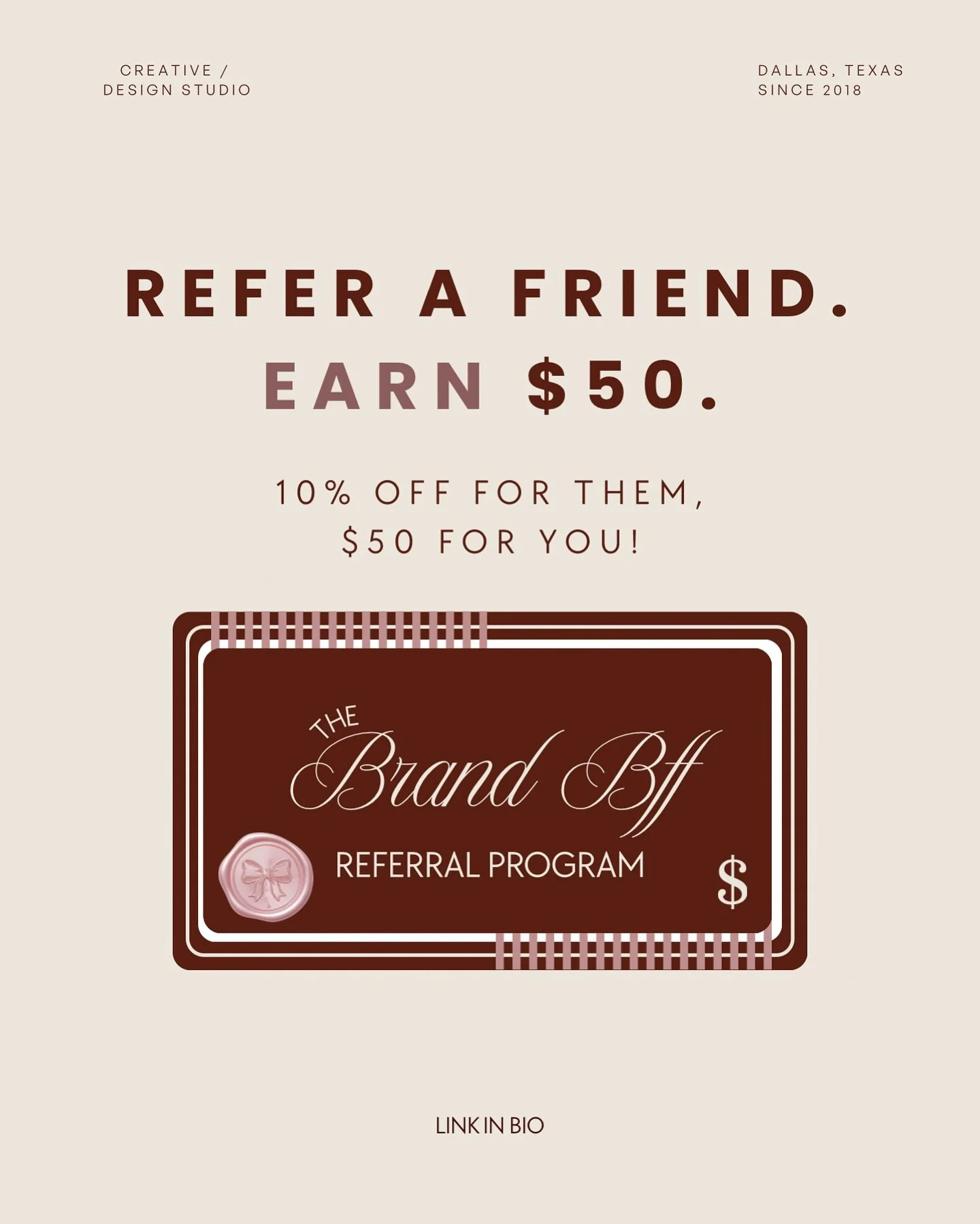 Introducing&hellip; Our Brand BFF Referral Program! 💌

Love what we create? Bring your friends along for the ride!
✨ They get 10% off their first project
✨ You get $50 toward your next project

Refer a friend today 💖 Must use link in bio for referr