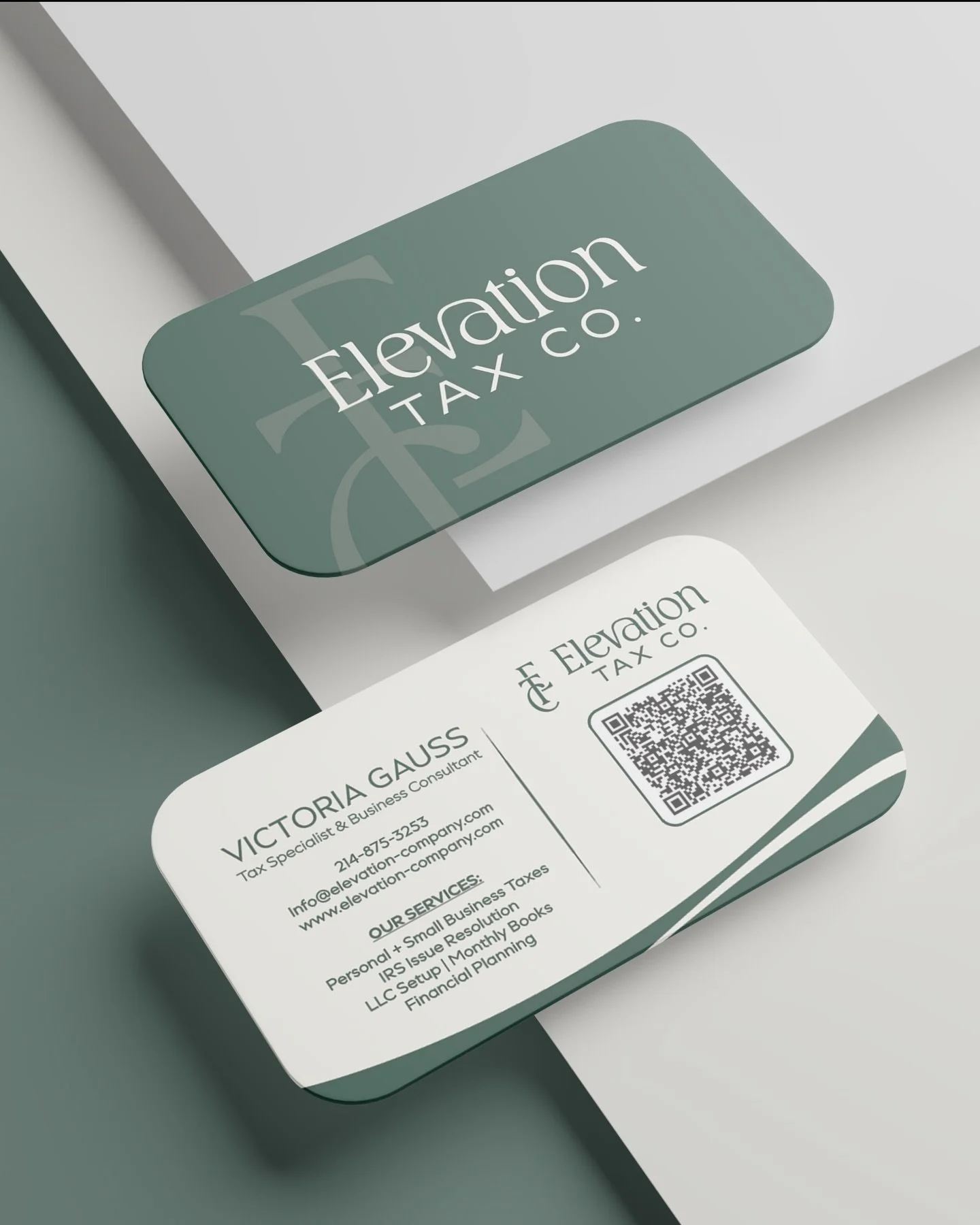 Here&rsquo;s a closer look at Elevation Tax Co.&rsquo;s branded collateral 💚📇

Your business cards, flyers, and print materials are often the first impression your audience gets offline. That&rsquo;s why they should feel just as intentional and coh