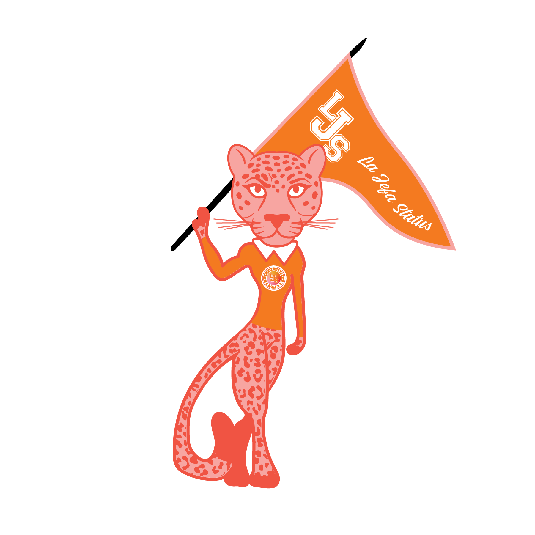 La jefa status brand mascot, feminine jaguar standing holding a flag with a fierce look. Determined to succeed in the business world.