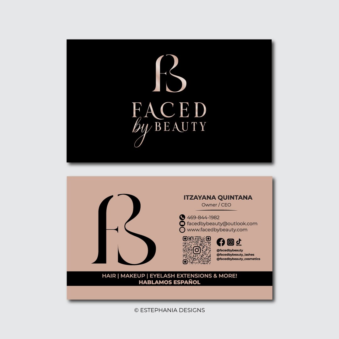 Pink and black business card, with main logo and contact information
