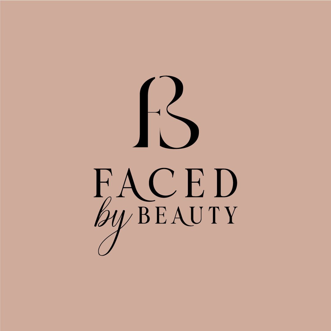 Faced by Beauty main logo in black with a light brown background and different typographies