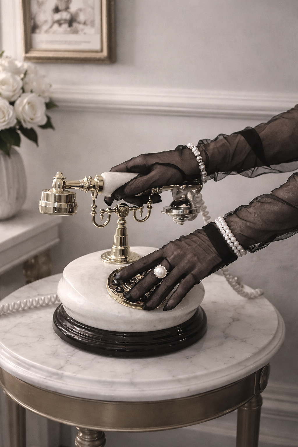 Person wearing black sheer gloves with pearl bracelets and rings is holding a vintage rotary phone on a white marble table with a brass base, in a room with light gray walls, a framed picture, and a vase of white roses.