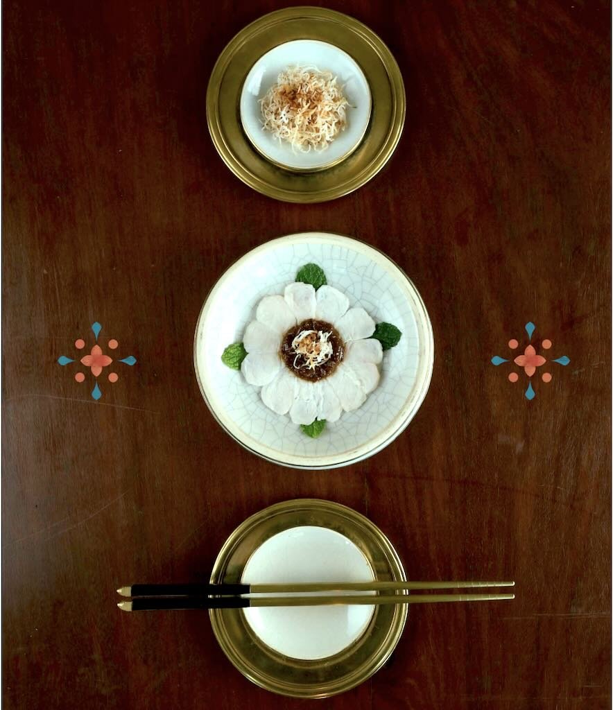 Fish Salad with Shredded Coconut (Plea Moat Teuk) from Chef Nak’s SAOY—Cambodian lime-cured fish salad with toasted coconut, herbs, and peanuts.