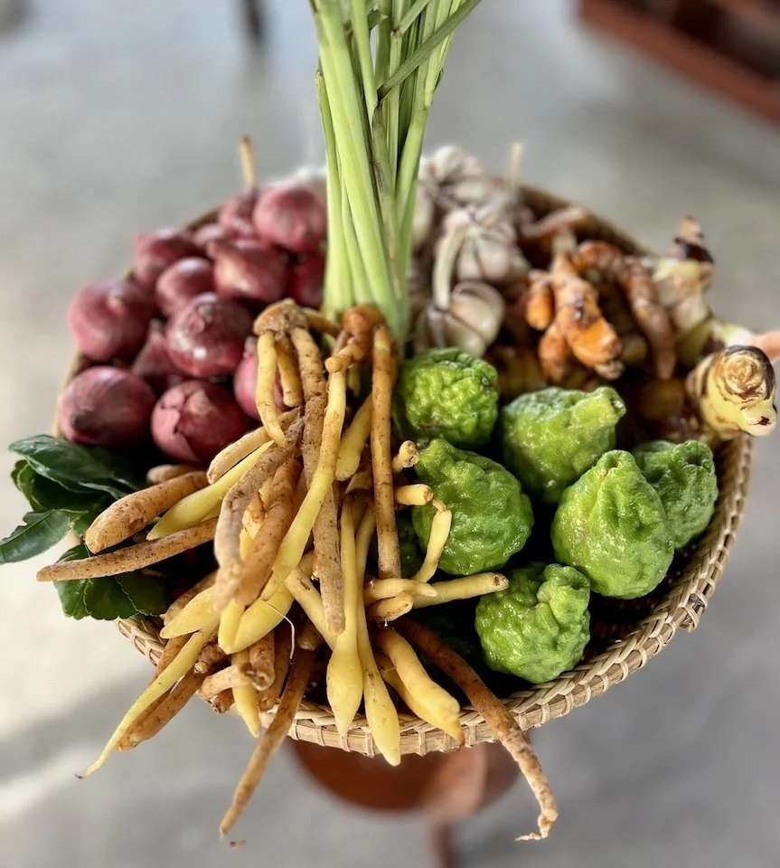 Basket of fresh vegetables including red shallots, garlic, gingers, and bitter melons.