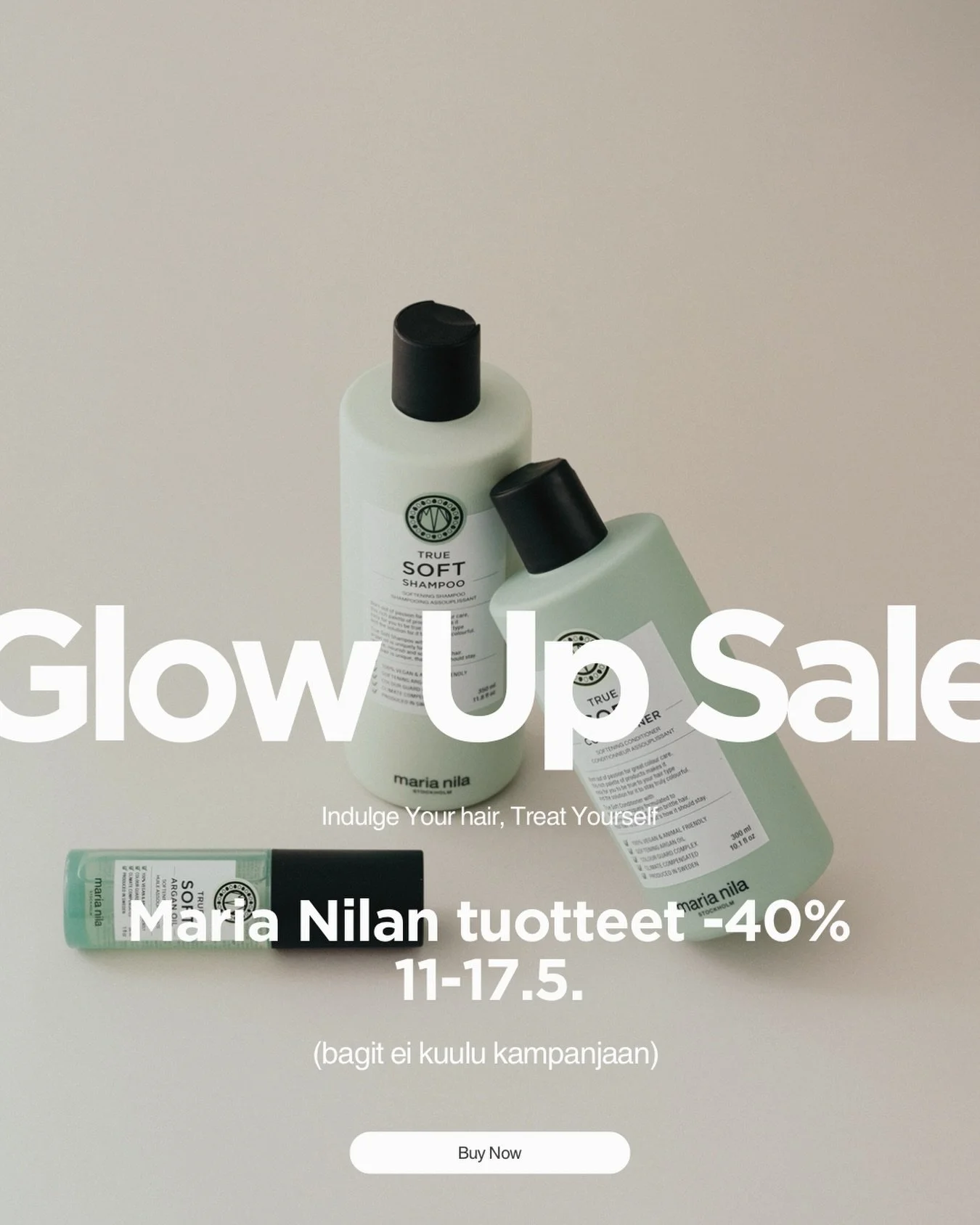 GLOW UP SALE is here 🧖🏼&zwj;♀️💫

Vuoden odotetuin viikko on t&auml;&auml;ll&auml;!

Kaikki Maria Nilan tuotteet -40 % t&auml;m&auml;n viikon ajan✨
Tarjous voimassa 11.&ndash;17.5.
(Summerbagit eiv&auml;t kuulu kampanjaan.)

Indulge Your hair, Trea