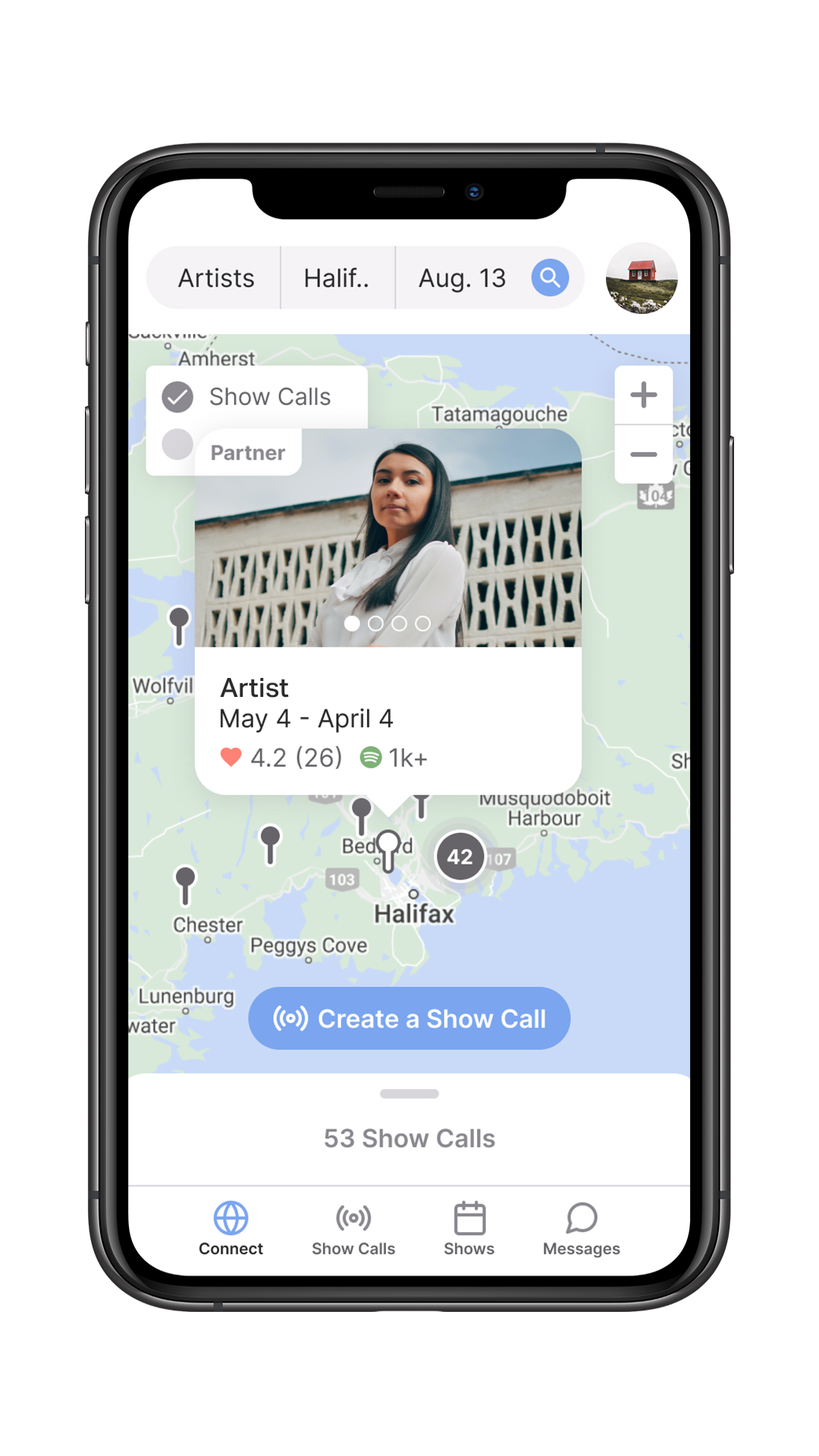 Smartphone displaying a map of Halifax with a photo of a woman, showing her artist profile with dates, ratings, and a Spotify link. There are buttons for creating show calls, connecting, viewing shows, and messaging.