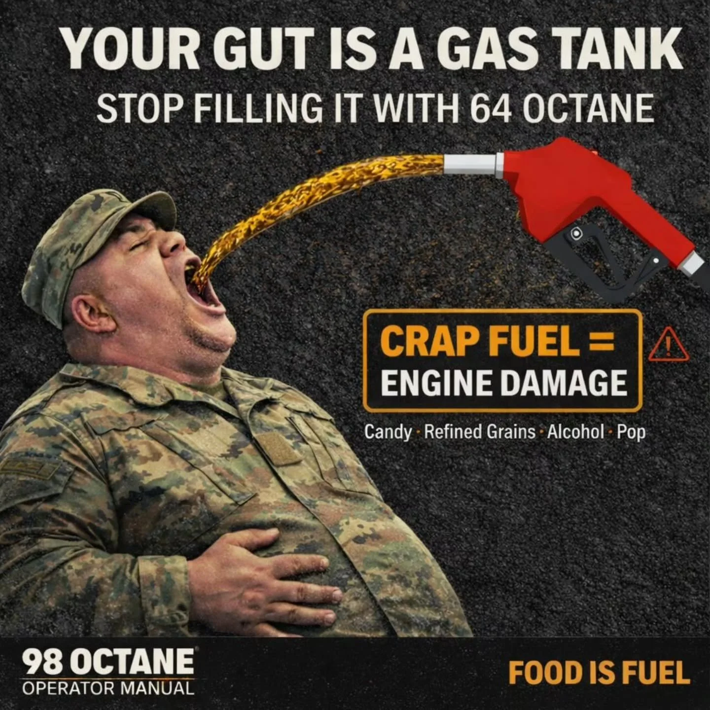 Your gut is a gas tank.
So why are you filling it with 64 octane?

We see it every day in the MFR community.
Long shifts. Fast food. Energy drinks. Crash. Repeat.
You wouldn&rsquo;t run a patrol vehicle on trash fuel.

But you&rsquo;re doing it to yo