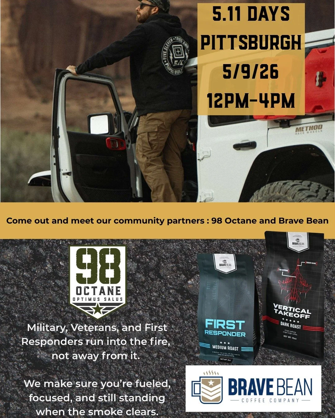PITTSBURGH, we&rsquo;re pulling up.

98 Octane is teaming up with Brave Bean Coffee Company for 5.11 DAYS at 5.11 Tactical Pittsburgh.

Military. Veterans. First responders. Community. Coffee. Conversation. Mission.

Come meet us, grab some veteran-o