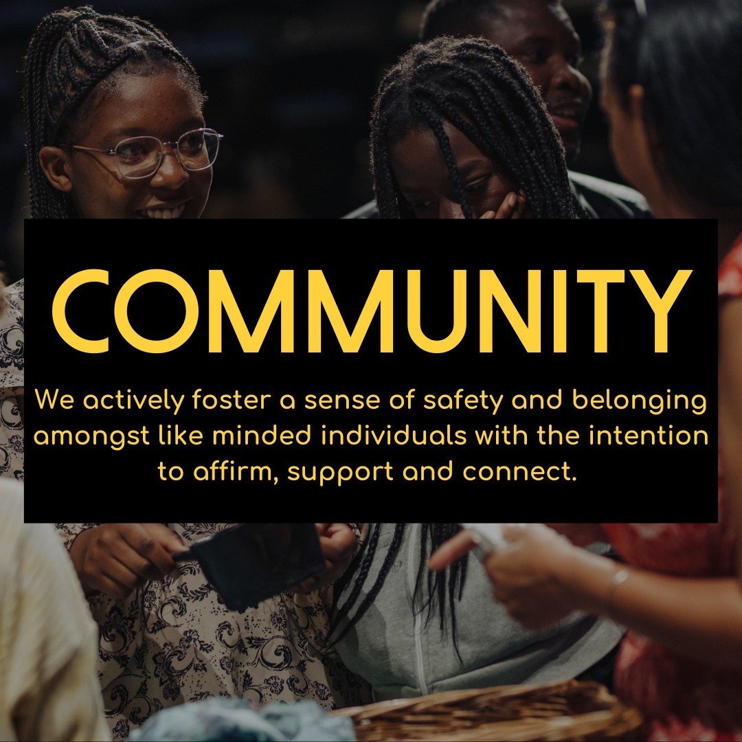 Our values are at the core of our four stands of work, the conversations we engage in and the way we operate as a team. Swipe to read more about how we implement Community, Joy, Care, Quality and Representation.