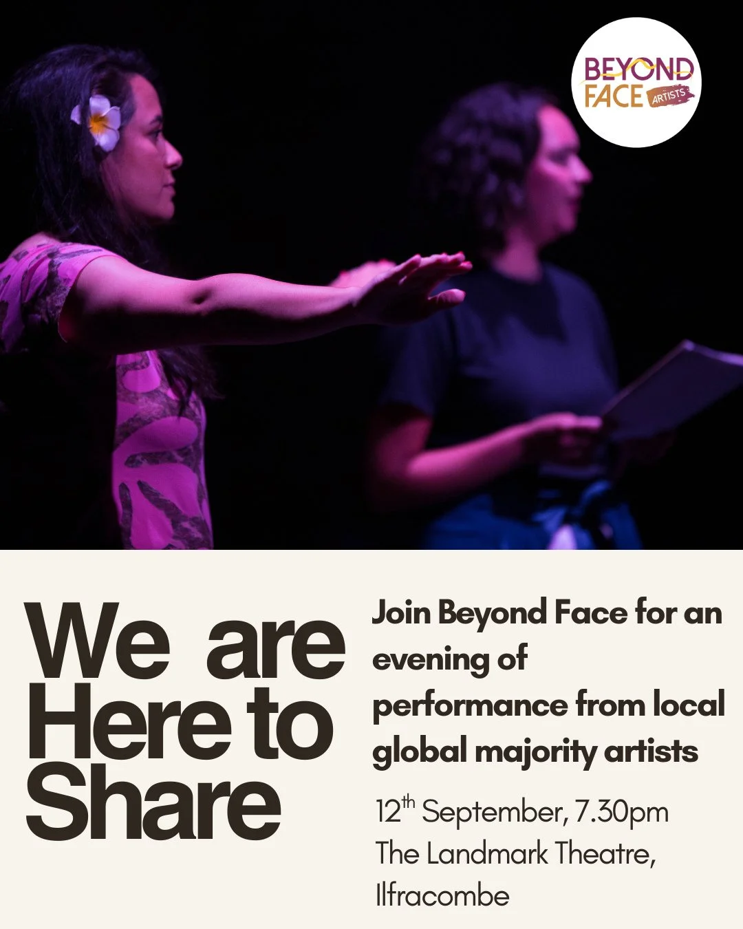 We are Here to Share returns on 12th September in Ilfracombe at The Landmark Theatre! ⁠
⁠
Three artists will bring their work to stage for an evening of performance and storytelling. Including our Associate Artists Lau Batty and Rozelle Gemma, alongs