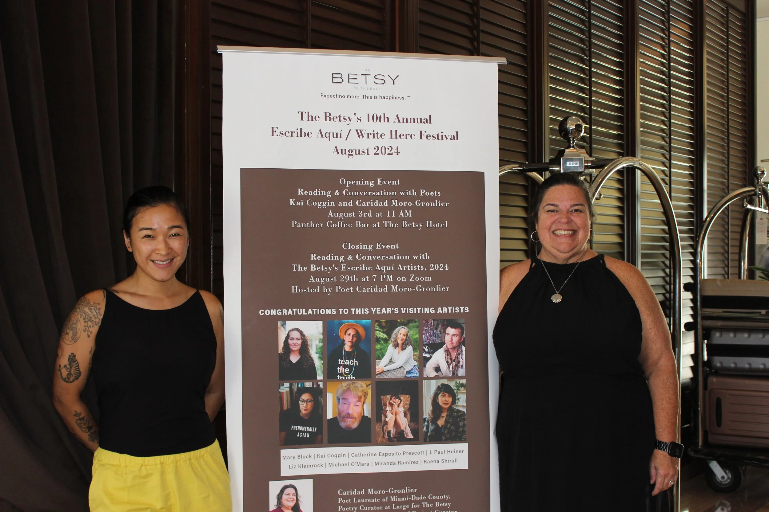 Liz Kleinrock (L) with Caridad Moro-Gronlier, Miami-Dade Poet Laureate 2024 (R) at The Betsy, August 2024