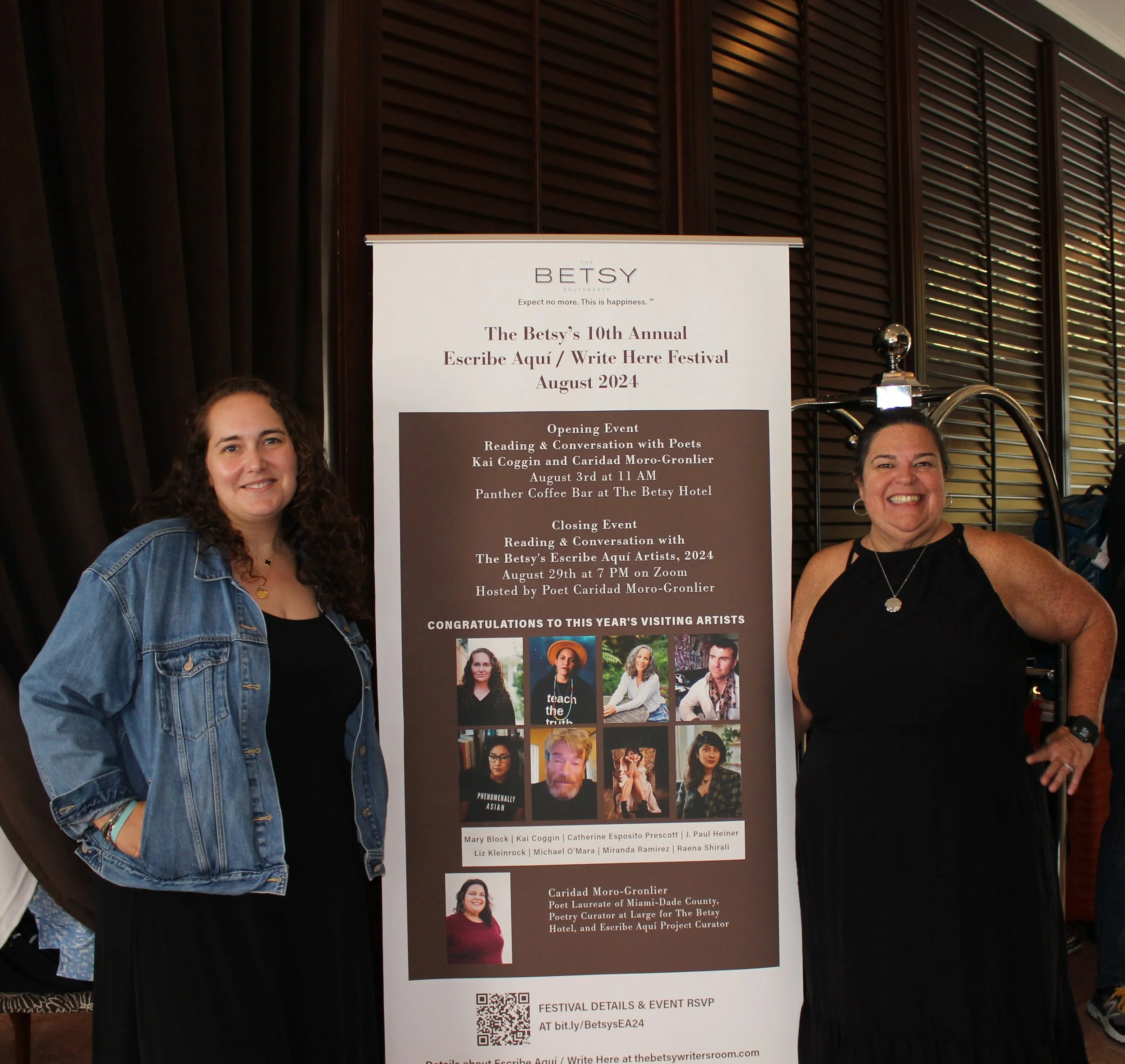 Mary Block (L) with Caridad Moro-Gronlier, Miami-Dade Poet Laureate (R), 2024 at The Betsy Hotel, August, 2024, Miami Beach FL