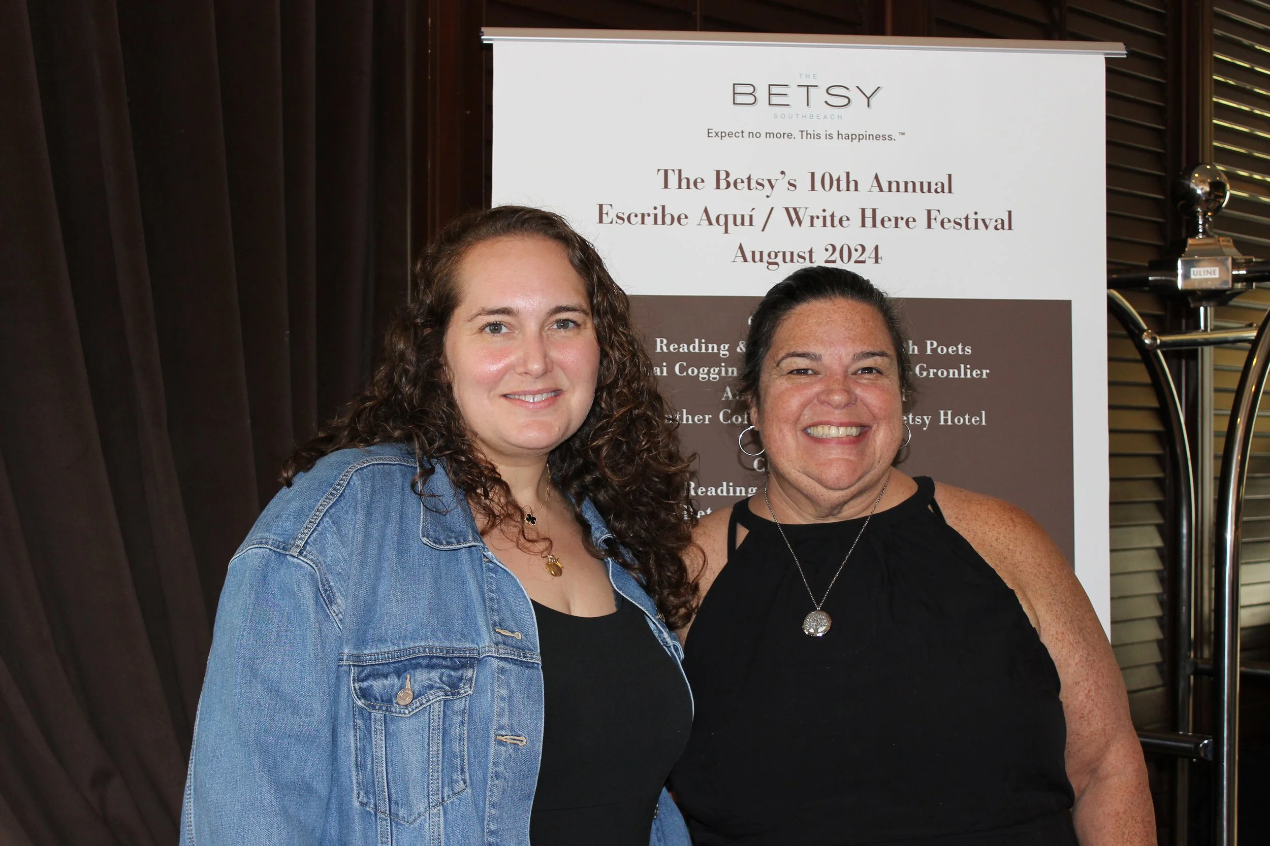 Mary Block (L) with Caridad Moro-Gronlier, Miami-Dade Poet Laureate (R), 2024 at The Betsy Hotel, August, 2024, Miami Beach FL