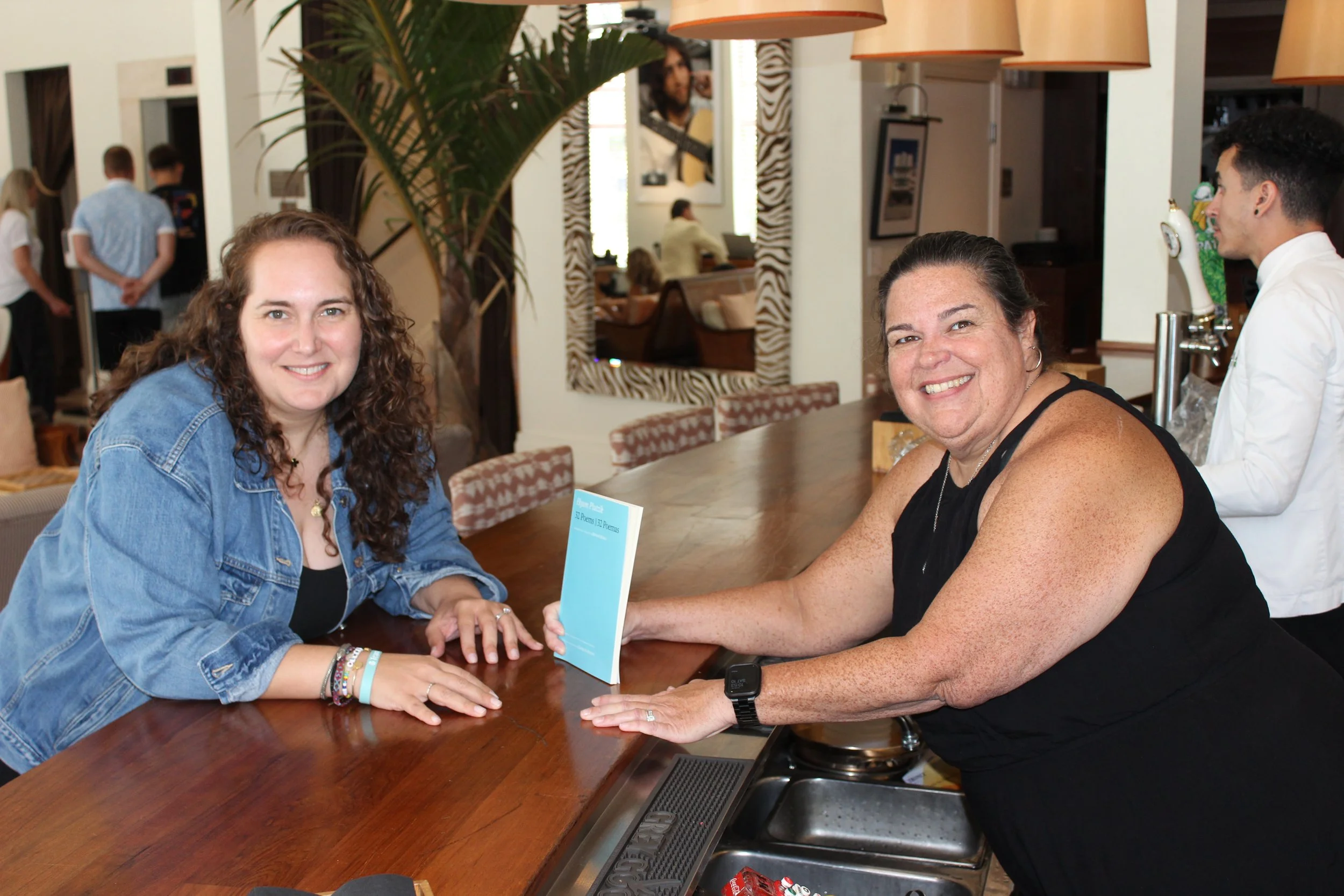 Mary Block (L) with Caridad Moro-Gronlier, Miami-Dade Poet Laureate (R), 2024 at The Betsy Hotel, August, 2024, Miami Beach FL
