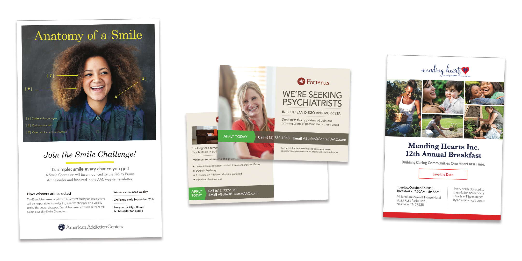 (L–R) Poster for internal campaign, direct marketing postcard, invitation for non-profit