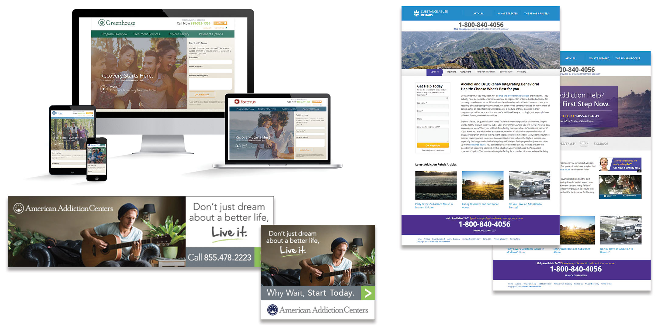 (Clockwise, from top left) Website template to align all treatment facility websites into cohesive brand, one of our many lead generation websites, banner ads