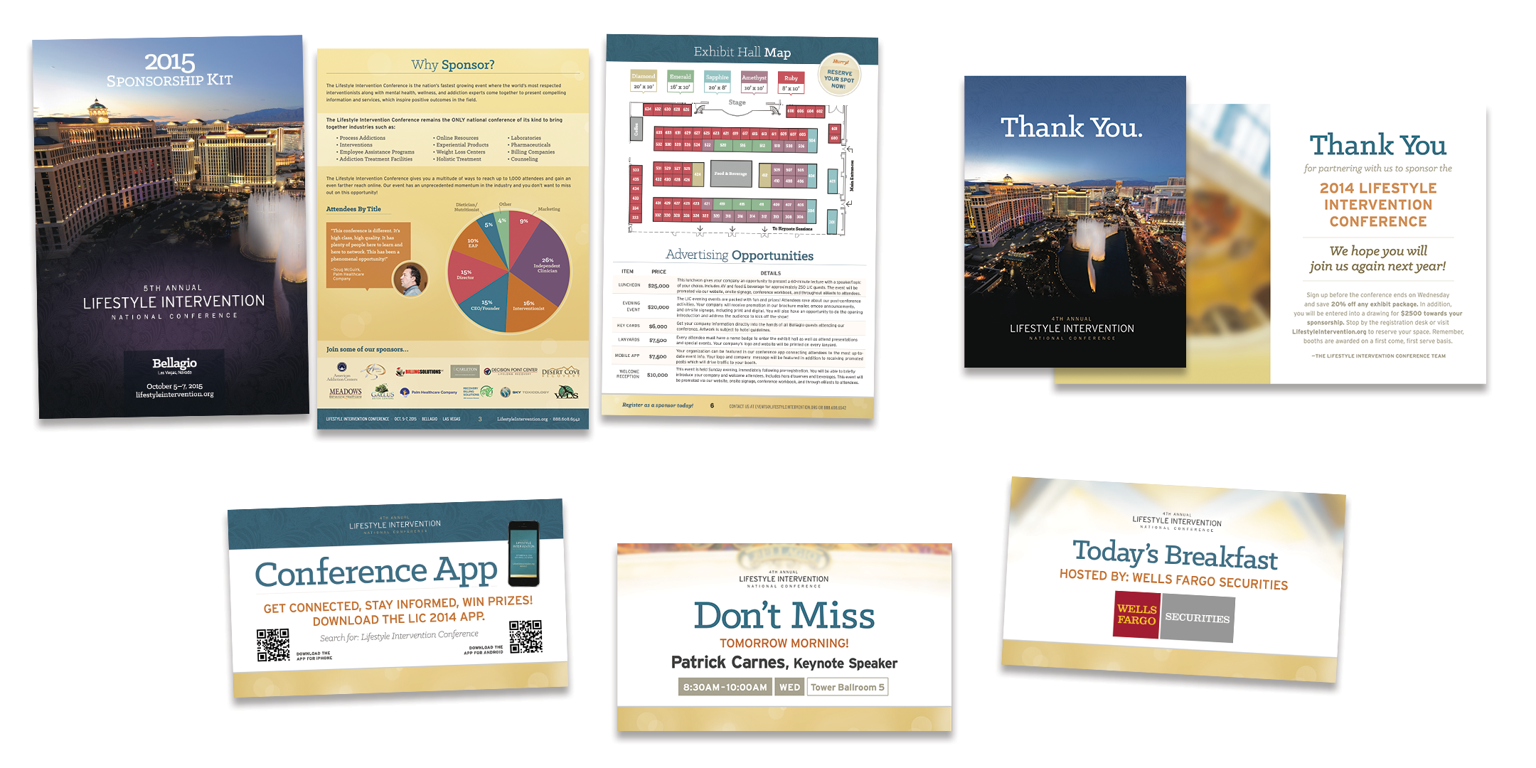 Small sample of materials from our annual conference. (Clockwise, from top left) Sponsorship kit, thank you card for sponsors, digital signage 