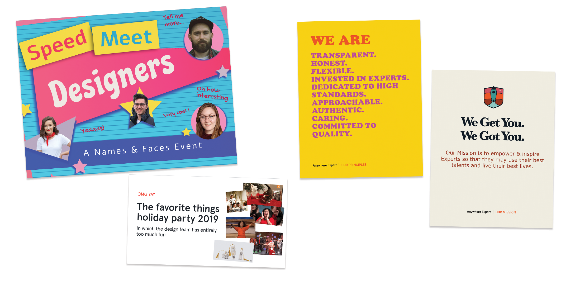 (Clockwise, from top left) Speed meet announcement, posters from workshop, digital party invitation