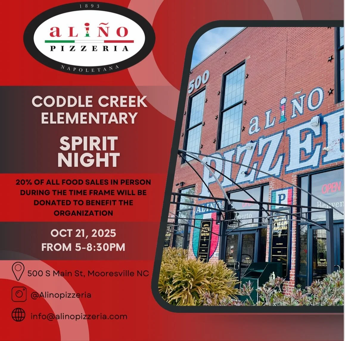 Tomorrow!! Spirit Night at Alino’s! Tuesday, October 21 from 5-8:30 stop by and support our school while enjoying some tasty pizza with friends!!!