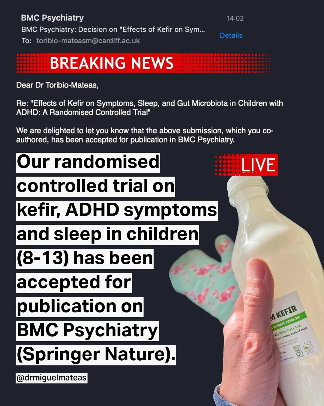 After four years, three papers, countless drafts, and more headaches than I care to admit&hellip; our randomised controlled trial on kefir, ADHD symptoms and sleep in children (8&ndash;13) has just been accepted for publication in BMC Psychiatry (Spr