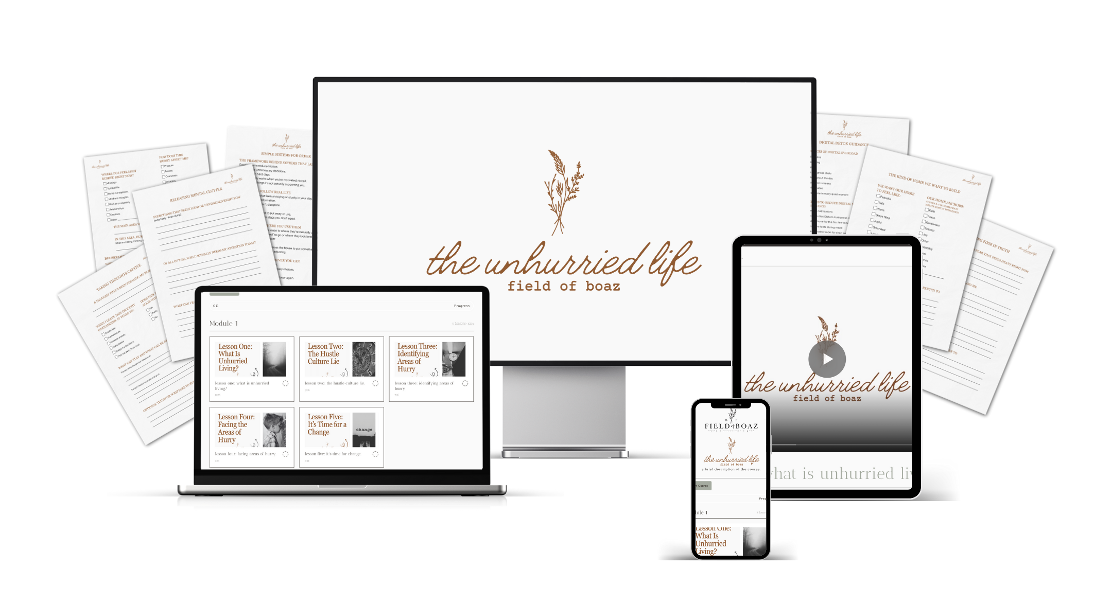 Digital course titled "the unhurried life" by field of boaz, displayed on multiple electronic devices and printed pages, with a minimalist design featuring a brown plant illustration and cursive text.