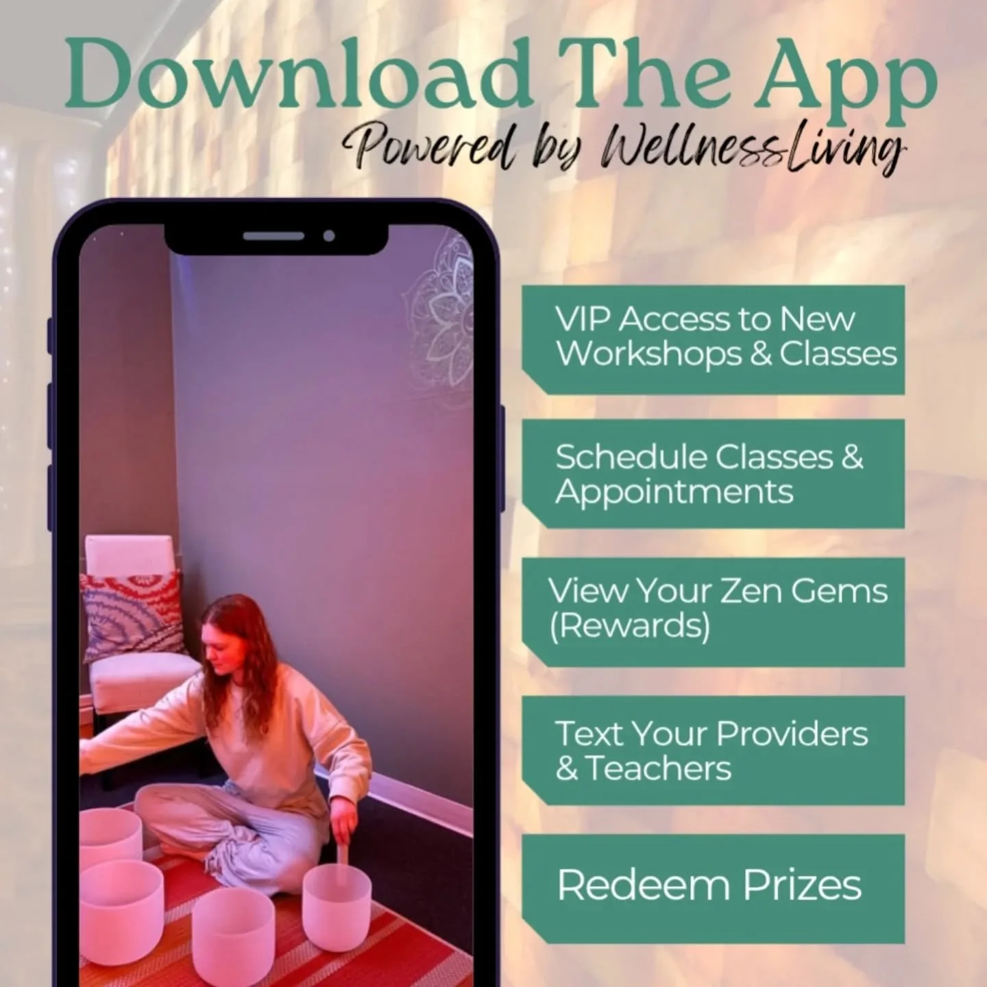 download our free app for simplified navigating anytime, anywhere. book services &amp; classes, view your zen gems &amp; redeem freebies, sign and save waivers, shop, manage memberships, set wellness goals, and communicate with your providers and tea