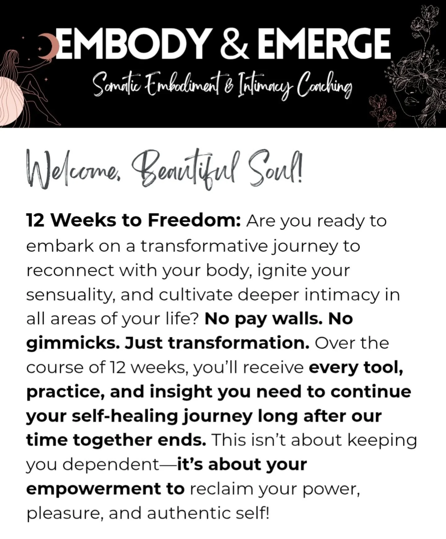 🌿 Reclaim Your Power. Come Home to Your Body.

You&rsquo;ve spent so long caring for everyone else that you&rsquo;ve forgotten what it feels like to be alive in your own skin.
But your body remembers &mdash; how to feel, trust, and love from truth.
