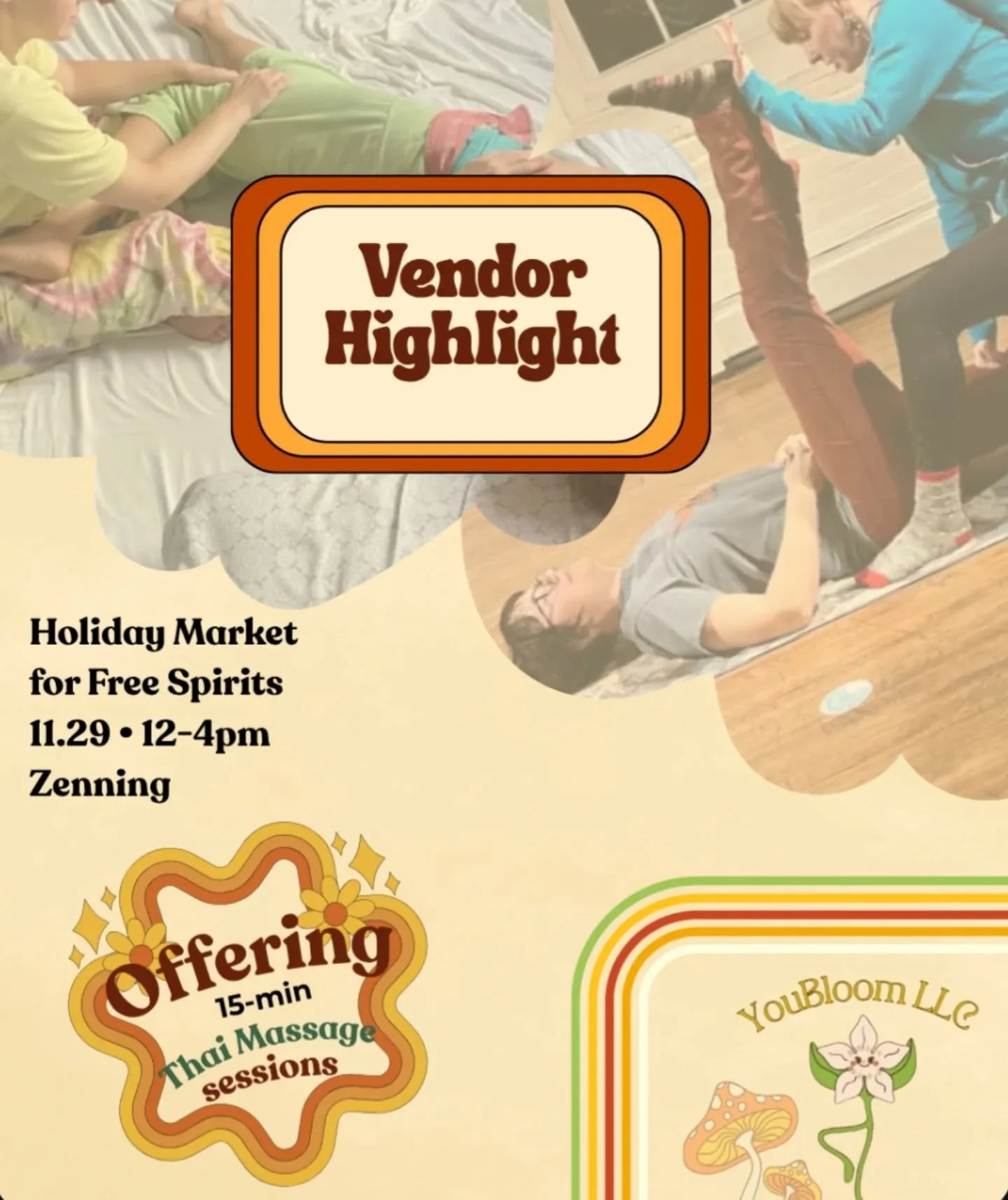 Vendor Highlight: You Bloom LLC &mdash; Experience the magic of Thai Massage with 15-minute table sessions. 

A relaxing experience that restores balance, releases tension, and renews energy. Perfect for event attendees seeking calm and connection.

