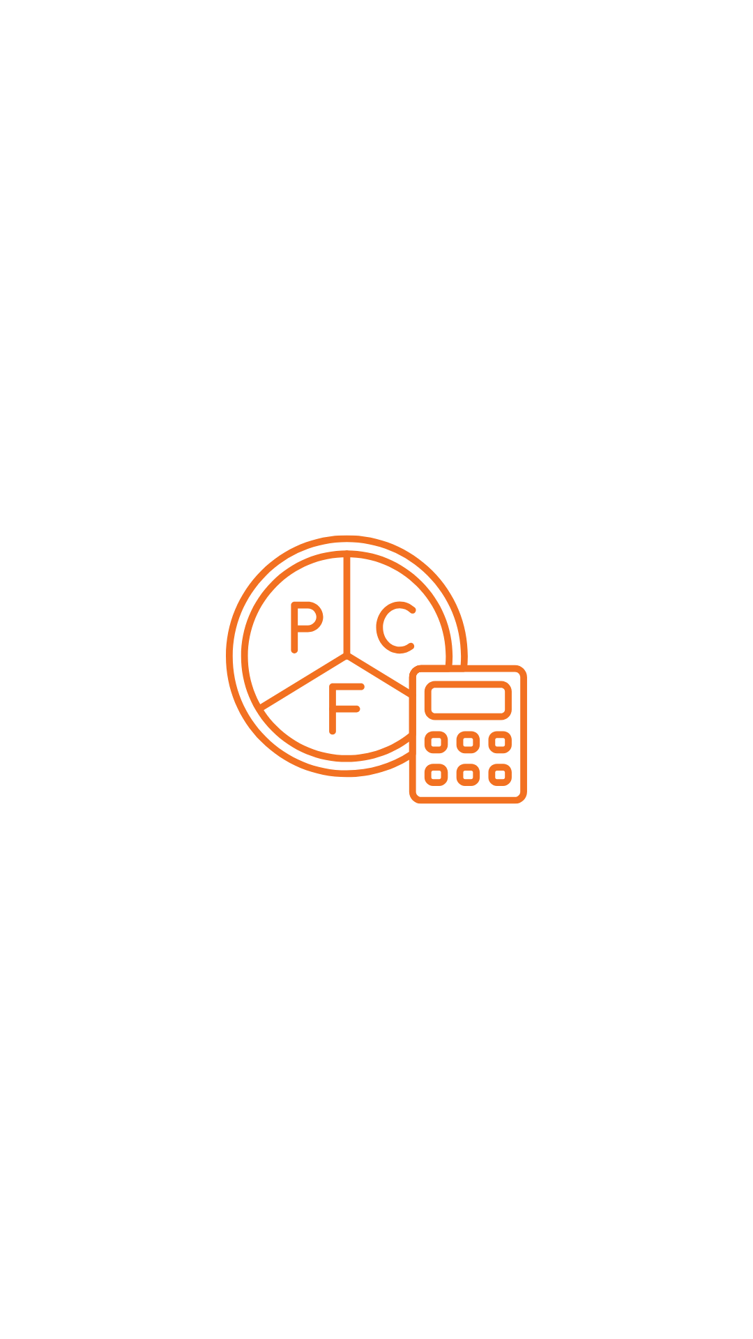 Orange outline diagram of a pill with P, C, F sections and a calculator icon.