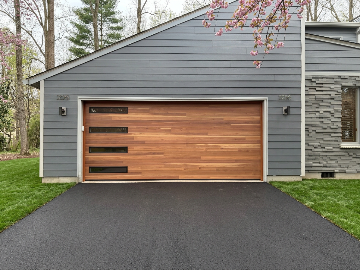 Front view of a house with a gray exterior, a wooden garage door with four black windows, a driveway, and pink flowering trees in the background.