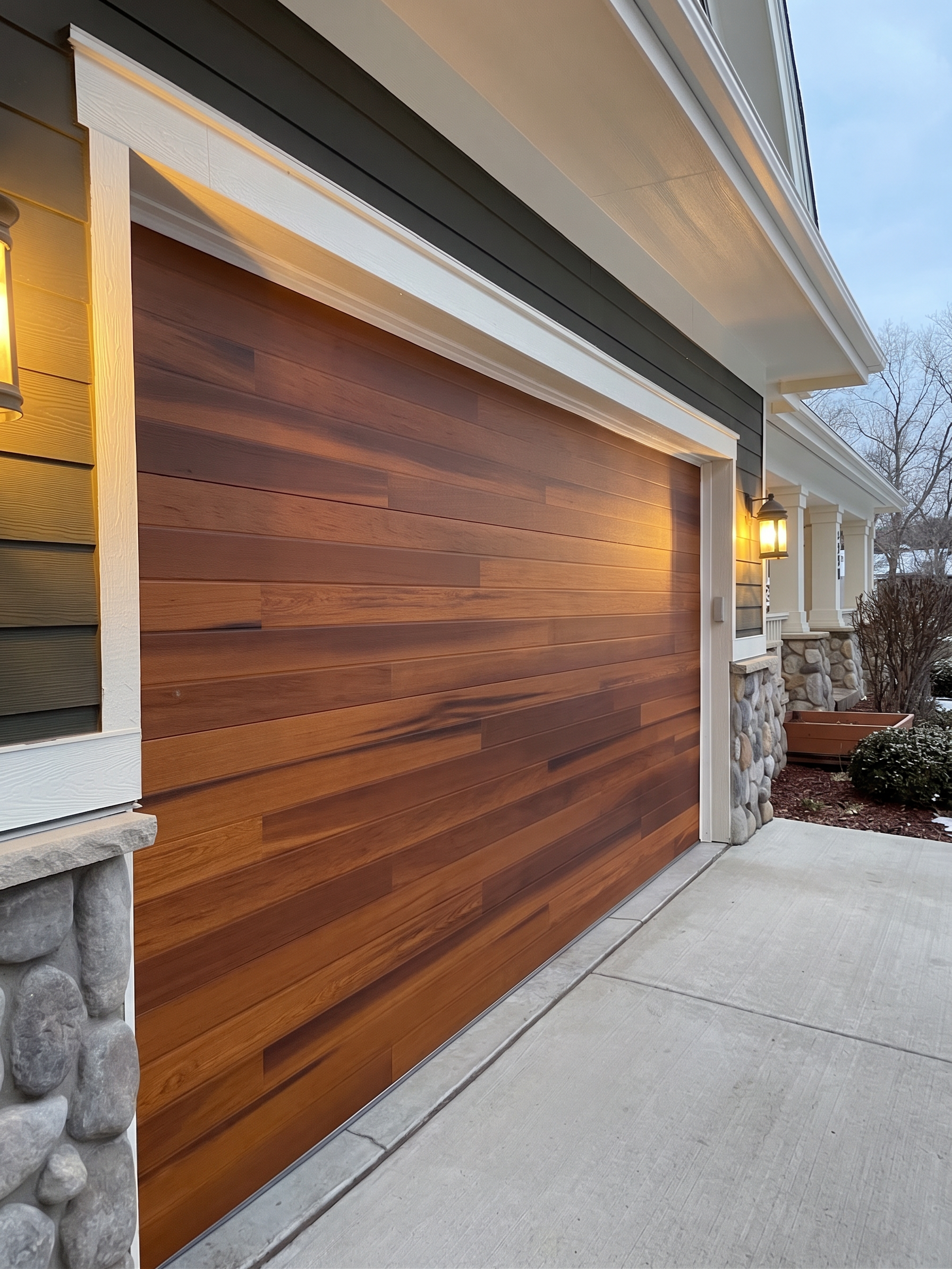 Close-up of a modern house garage door made of polished wood with stone and siding exterior.