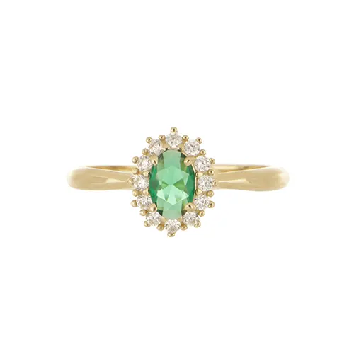 Anillo Solitario con Zirconia Verde y Zirconias Blancas "Elegancia Natural"