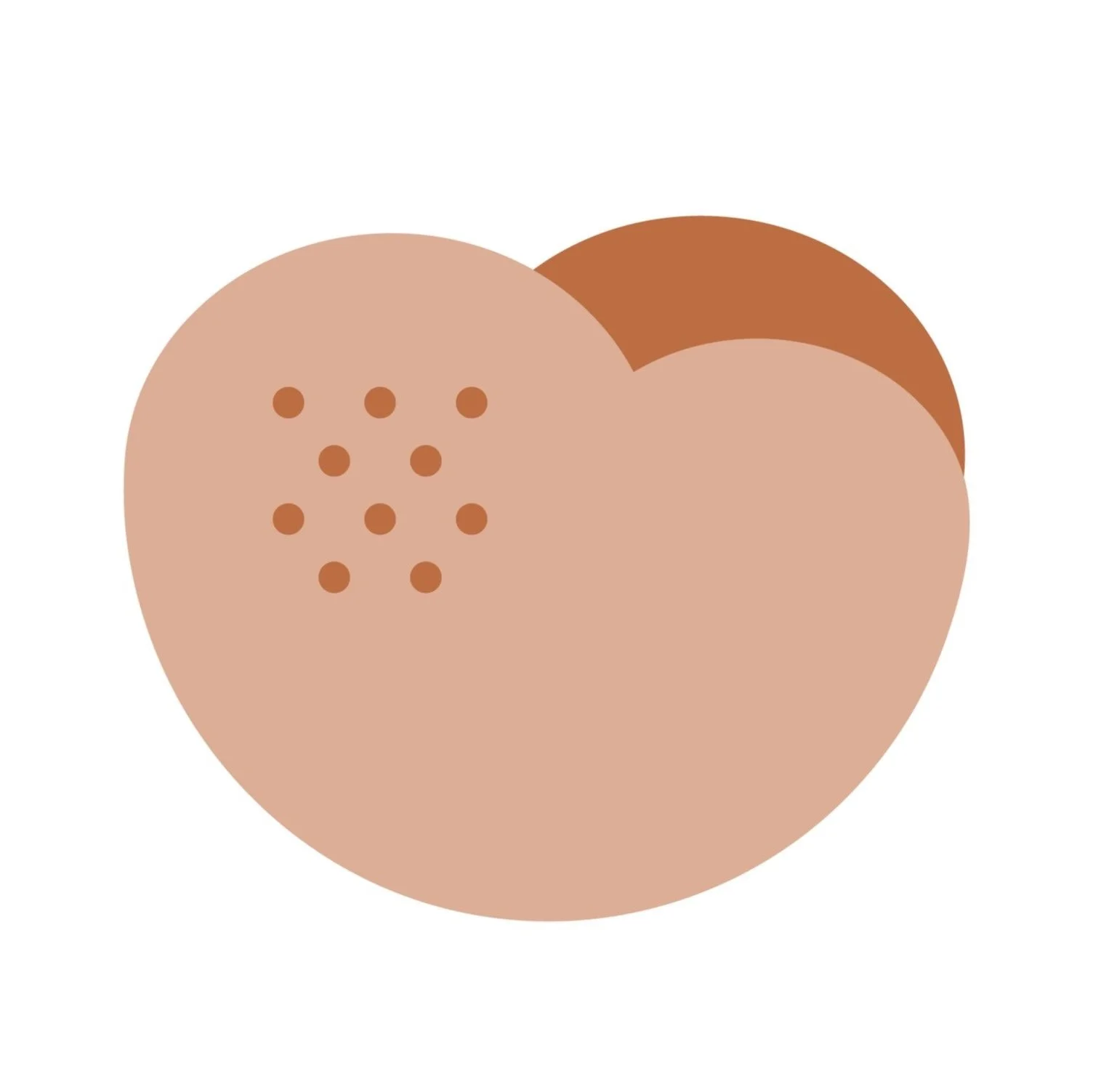 Illustration of a beige-colored simplified peach or fruit with a textured pattern on the left side.