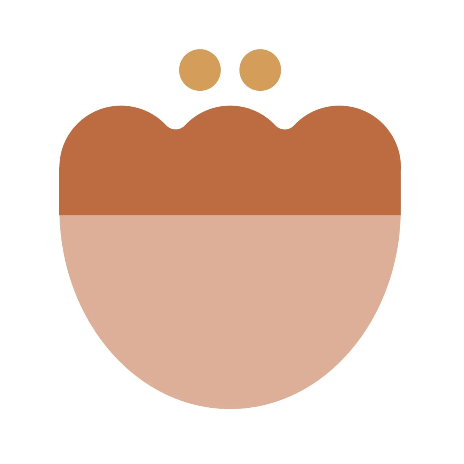 Illustration of an acorn with a brown cap on a light brown base, featuring two small circles above it