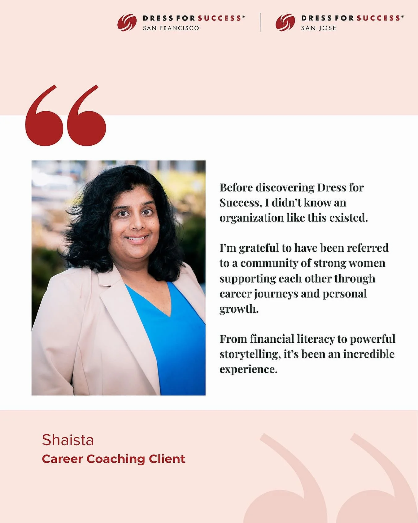 Shaista came to us seeking support and community connection during a challenging career transition. 

She participated in many of our programs, including Virtual Career Coaching, Financial Literacy, and the Tencent America Career Development Bootcamp