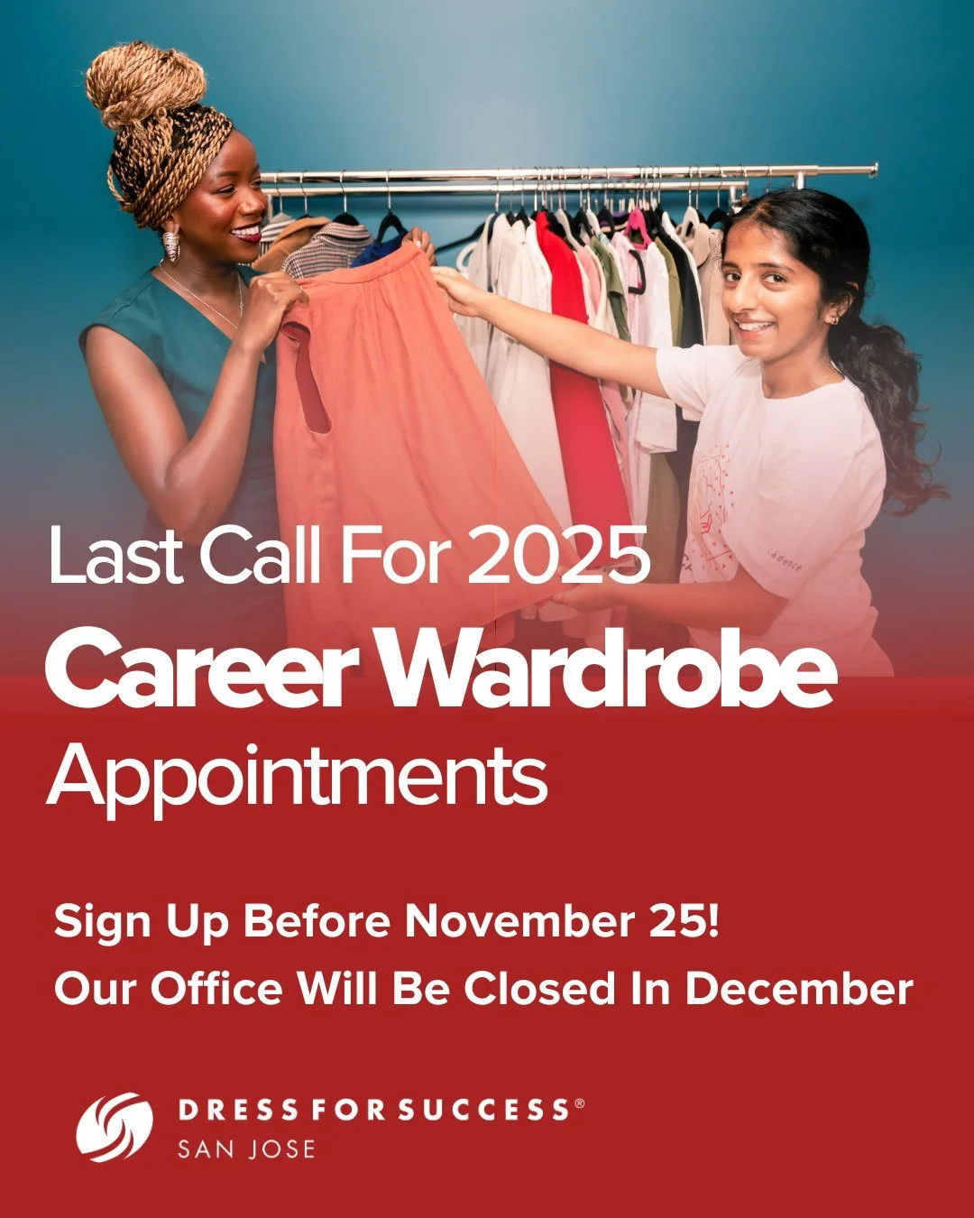 Last call for Career Wardrobe appointments before the new year!

Our Career Wardrobe appointments in San Jose are open through Nov. 25 and spots go quickly! Our office will be closed in December, so now&rsquo;s the time to book.

If you have them, it