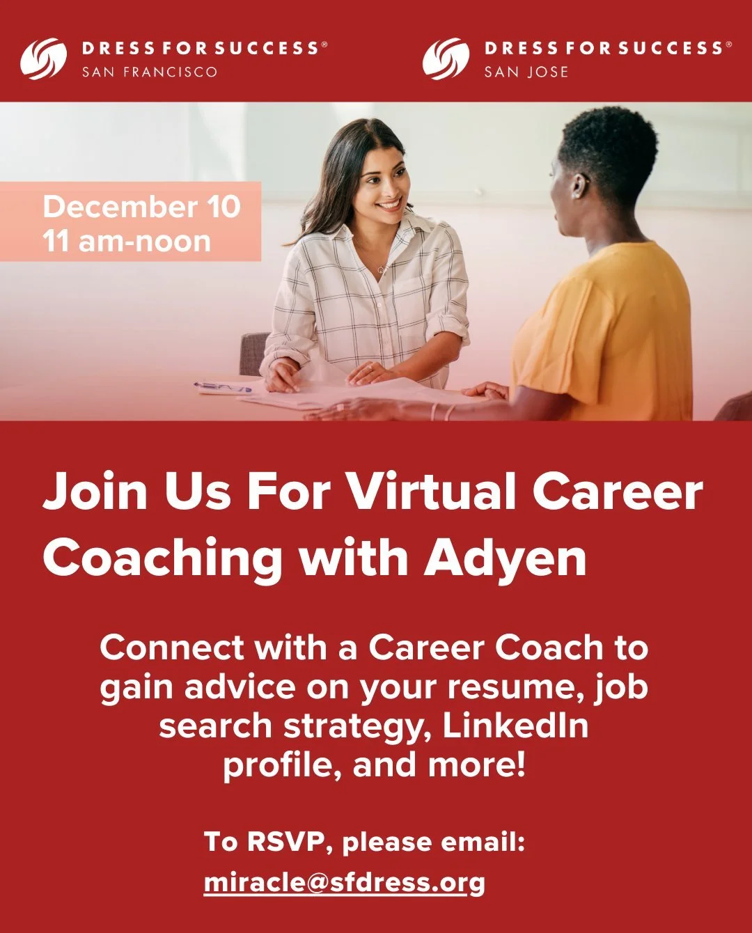 Join us for Virtual Career Coaching with Adyen!

Get personalized advice on your resume, job search strategy, LinkedIn profile, and more.

 📅 Dec. 10
 ⏰ 11 am &ndash; noon

Don't miss this chance to connect with career coaches from a leading fintech