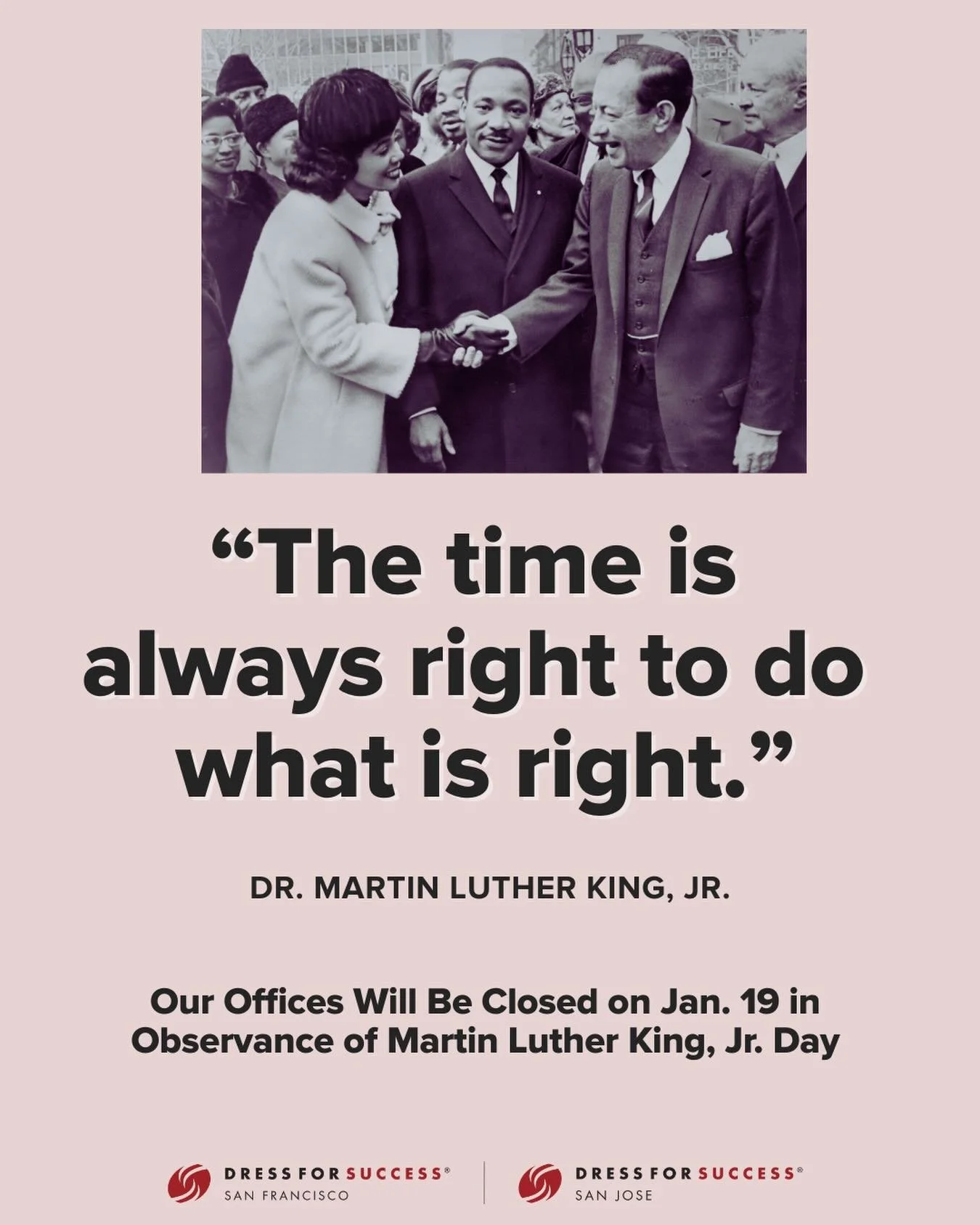 In observance of Martin Luther King, Jr. Day, our offices will be closed on Monday, January 19. 

We honor Dr. King&rsquo;s legacy and the work that continues.

📸 1964: Coretta Scott King shakes hands with New York City Mayor Robert Wagner as Dr. Ma