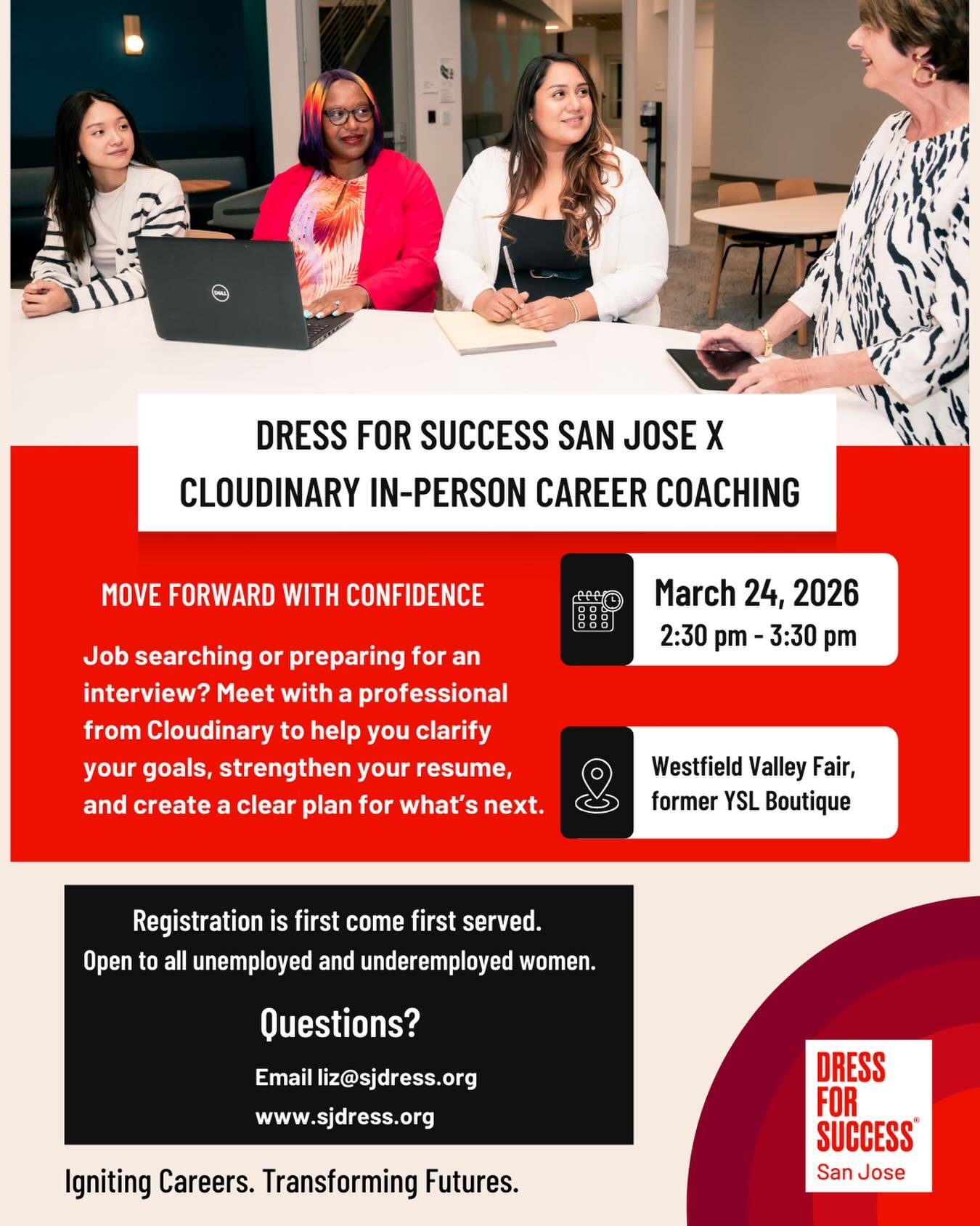 Preparing for your next role or pursuing a promotion?

Join Dress for Success San Jose for in-person career coaching in collaboration with @cloudinary 

📅 Tuesday, March 24
⏰ 2:30&ndash;3:30 PM
📍 Former YSL Boutique, Westfield Valley Fair 

During 
