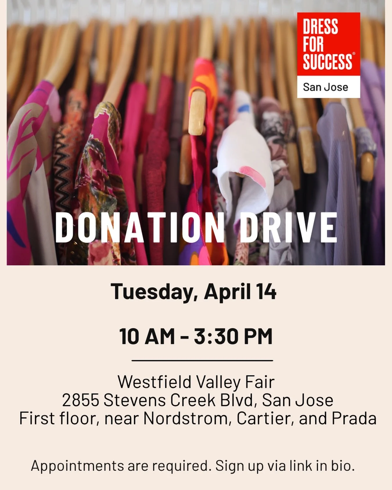 Doing a little spring closet refresh? 

Put those pieces to work for women building their careers!

Join us for our next Donation Drive on April 14, and donate your work-appropriate women&rsquo;s clothing and luxury/designer items.

We&rsquo;re espec
