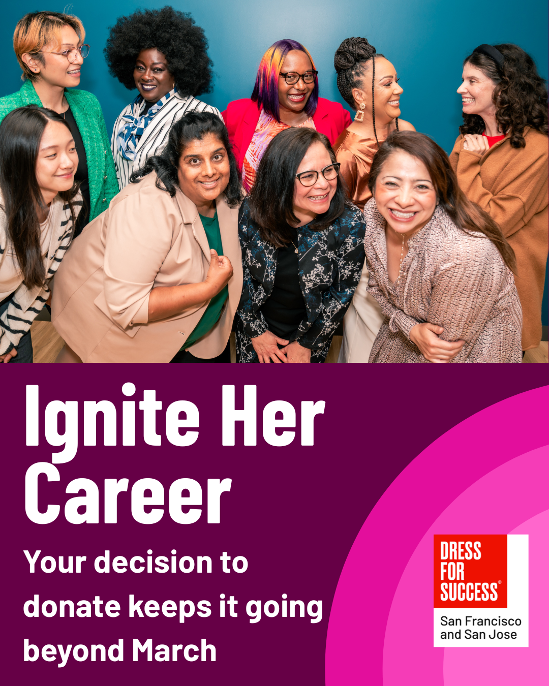 diverse group of women smiling and laughing with the phrase "ignite her career"