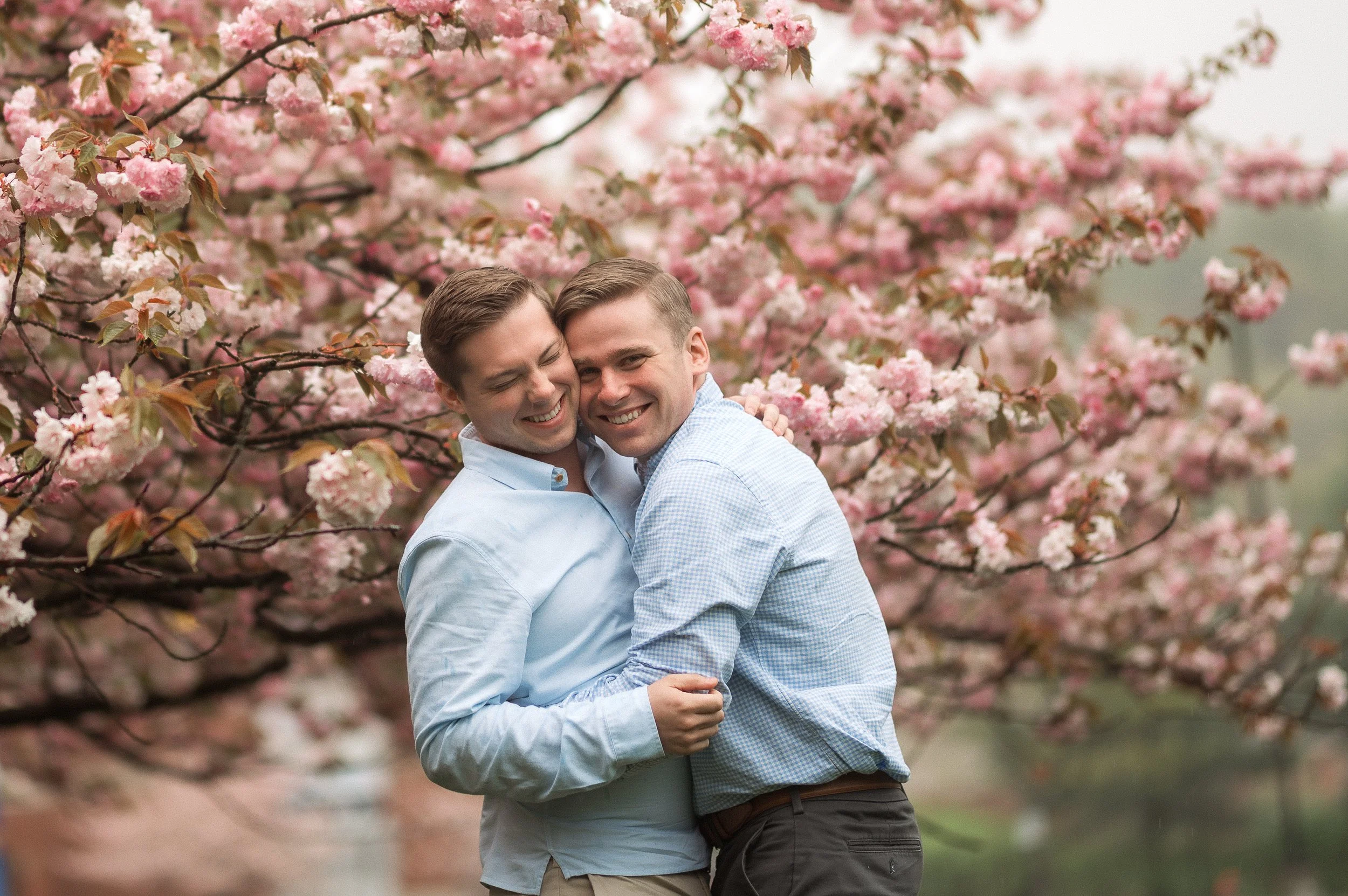 Two men smiling and hugging each other among blooming pink cherry blossom trees.