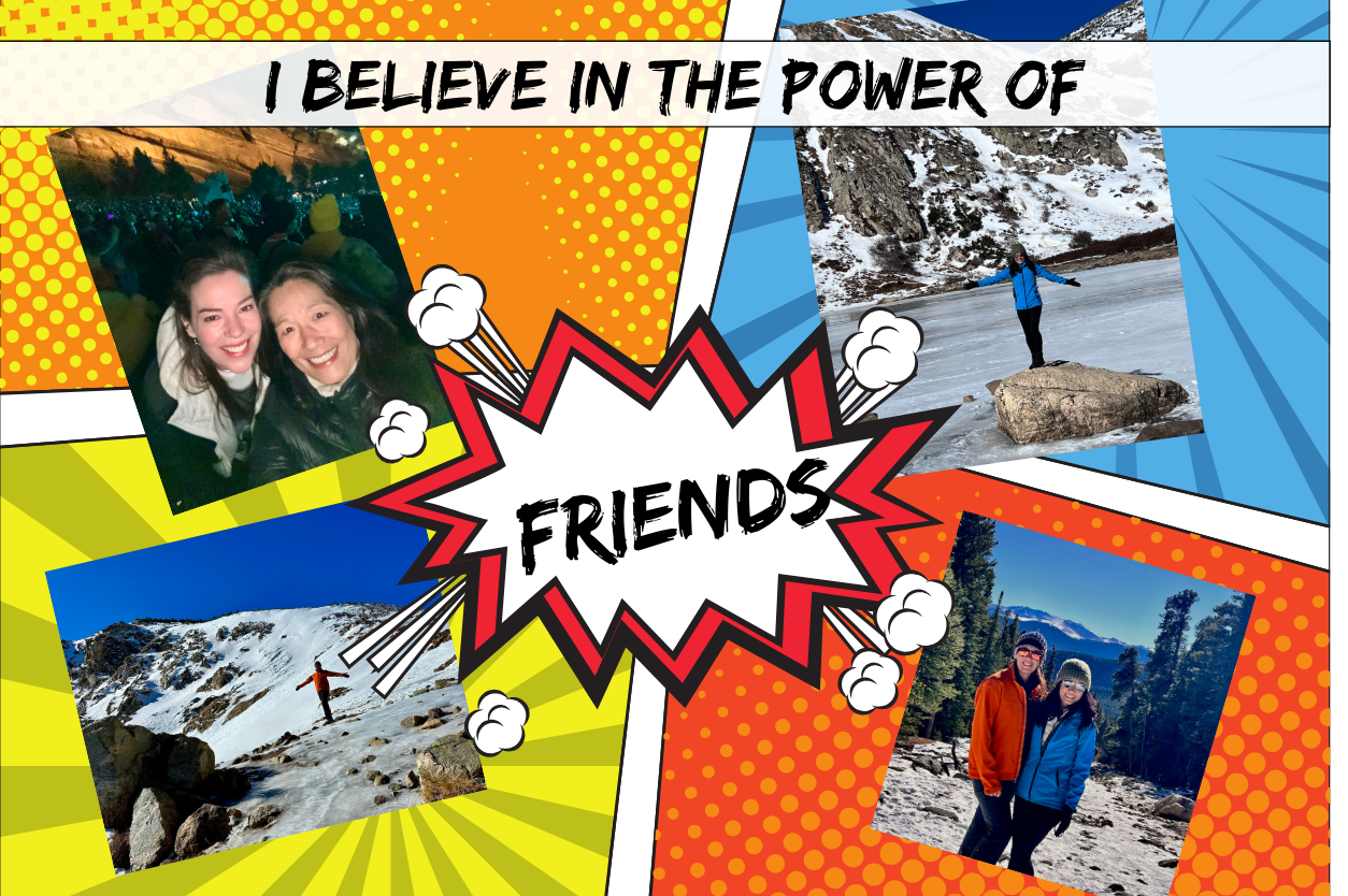 Cartoon style collage of author with friend