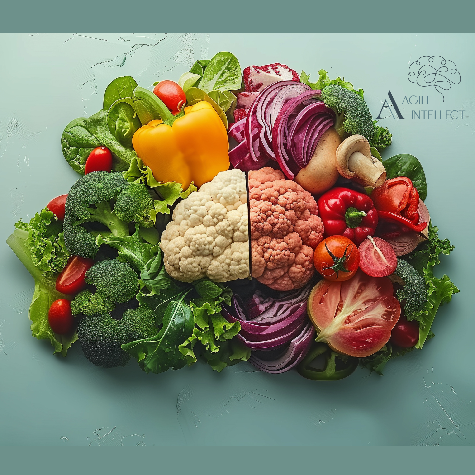 Artfully arranged colorful vegetables in the shape of a brain