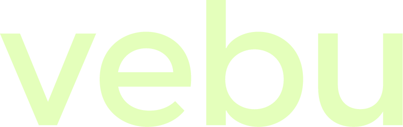 Close-up of a logo with the text 'vebu' in light green on a black background.