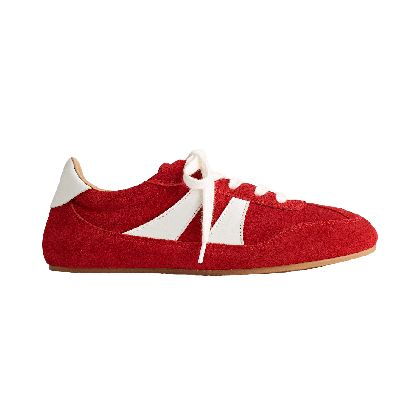 Red and white athletic sneaker with white laces and a gum sole.