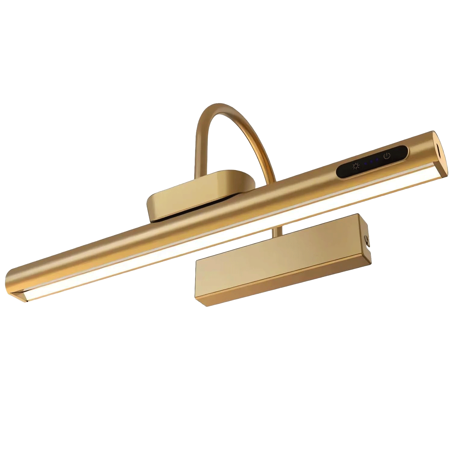 A modern, gold-colored LED desk lamp with control buttons on the side and a flexible neck.