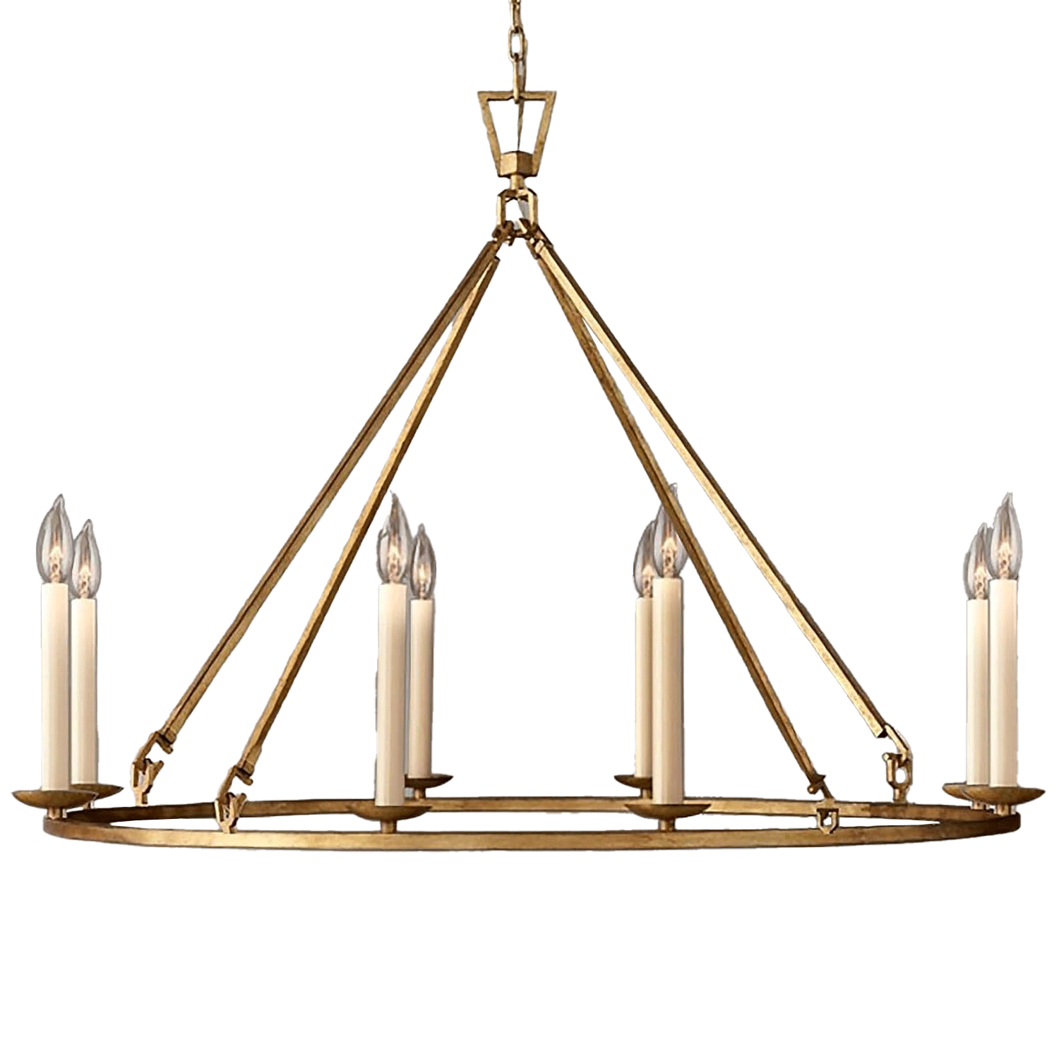 A gold chandelier with six candle-shaped lights, hanging against a black background.