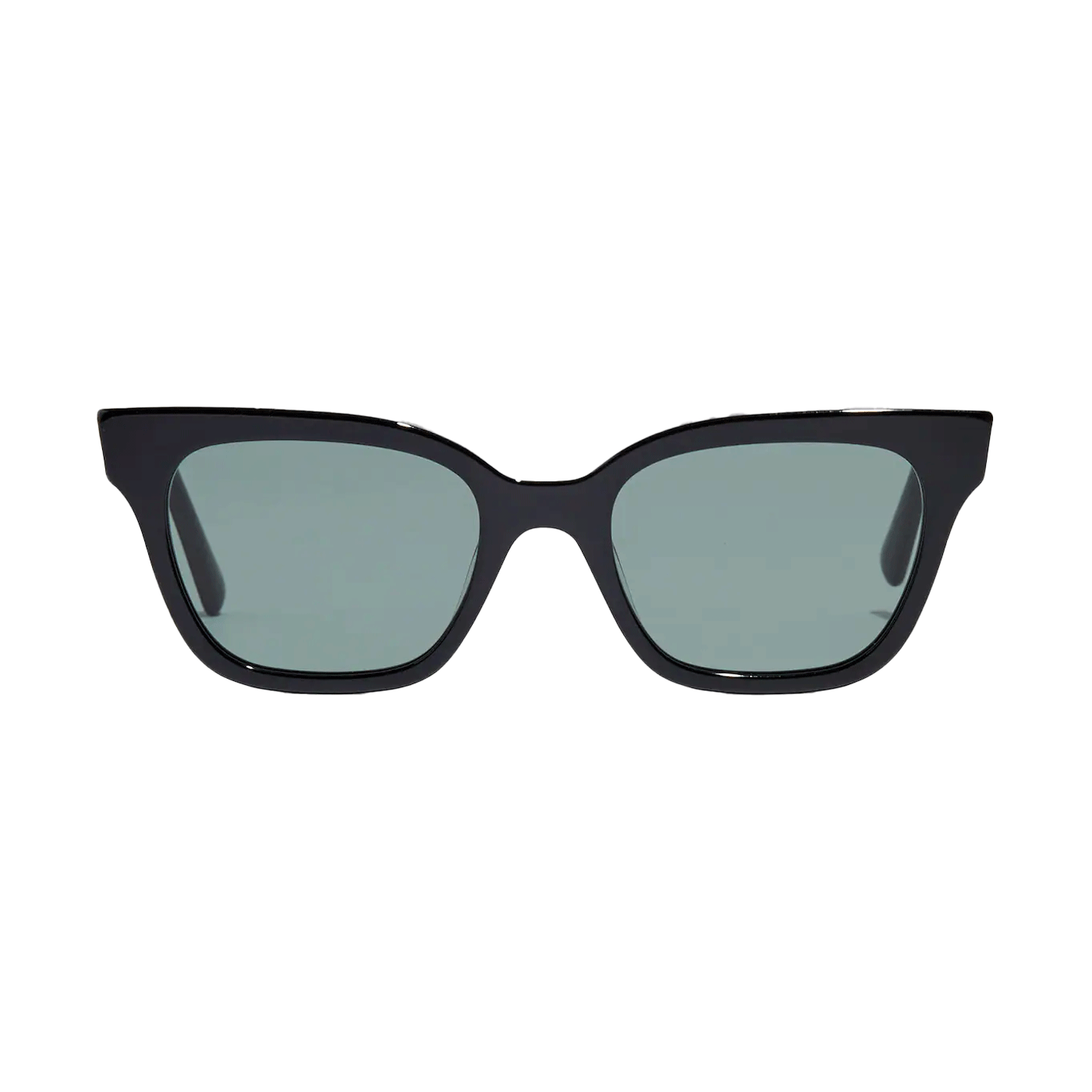 Black sunglasses with gray tinted lenses on a black background.